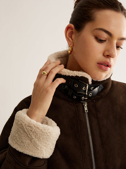 Vintage-Braune Jacke mit Fleece-Futter und lockerer Passform
