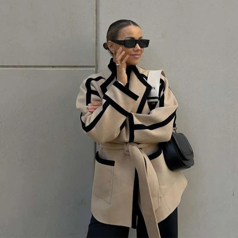 Eleganter Wickel-Taillengürtel-Blazer mit Kontrastdetails für Damen