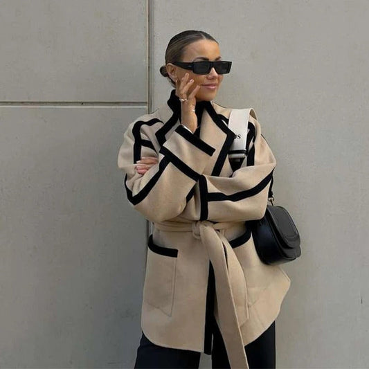 Eleganter Wickel-Taillengürtel-Blazer mit Kontrastdetails für Damen