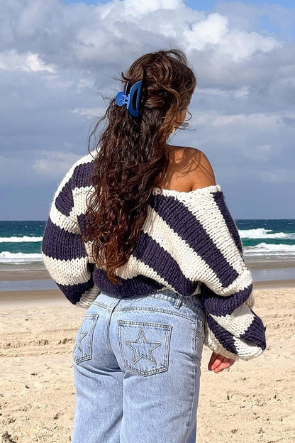 Gemütlicher Gestreifter Strickpullover mit Schulterfreiem Design Schicker Herbstpullover