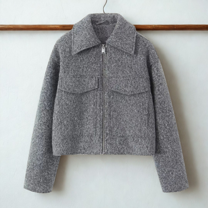 Boxy Fit Damen Kurzjacke mit spitzem Kragen und Frontreißverschluss