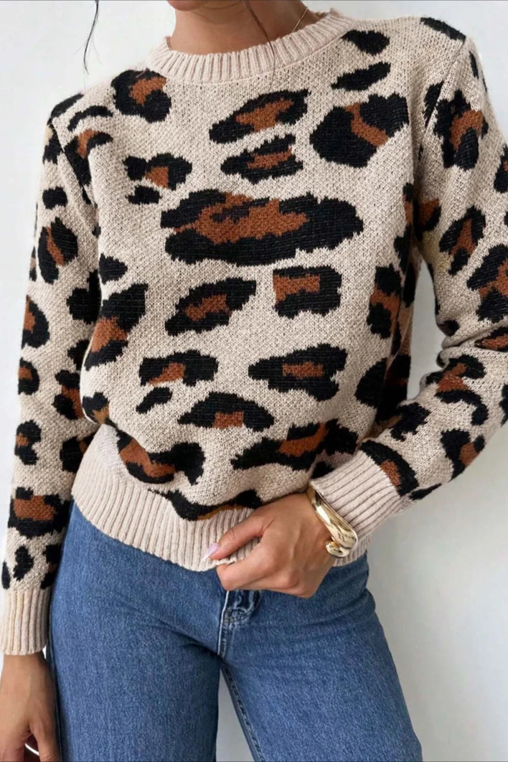 Schicker Pullover mit Rundhalsausschnitt und Leopardenmuster in Blockfarben