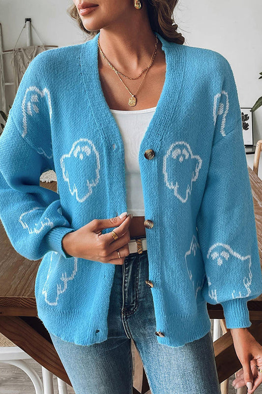 Gemütlicher Halloween-Geisterstrickpullover mit Knöpfen