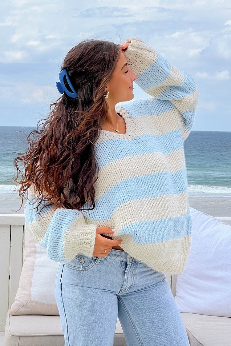 Gemütlicher Gestreifter Strickpullover mit Schulterfreiem Design Schicker Herbstpullover