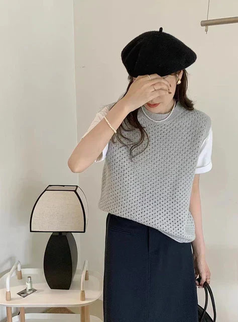 Damen Ärmelloser Strickpullover Leichtes Lockeres Oberteil