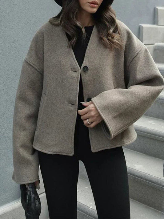 Oversized Wolloptik V-Ausschnitt Mantel für Damen