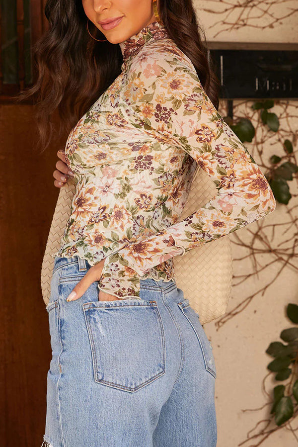 Floral bedrucktes Slim Fit Langarm Freizeitoberteil