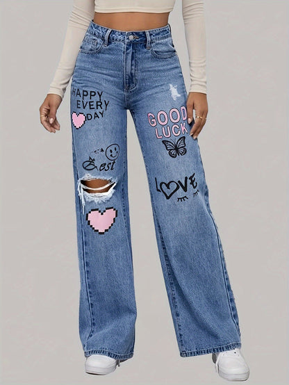 High-Waist Jeans mit weitem Bein und Grafikdesign