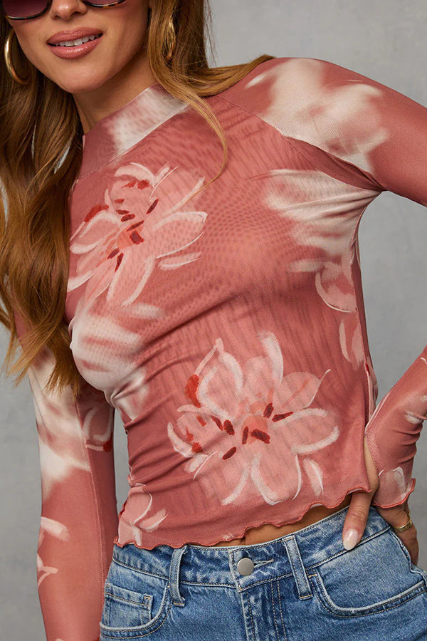 Floral bedrucktes Slim Fit Langarm Freizeitoberteil