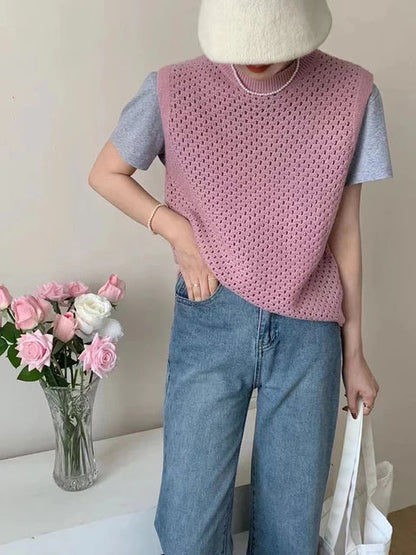 Damen Ärmelloser Strickpullover Leichtes Lockeres Oberteil