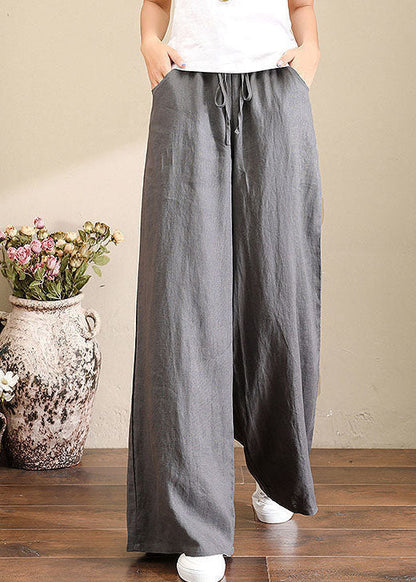 Hose aus französischem grauem Leinen mit weitem Bein, elastischem Bund und Taschen
