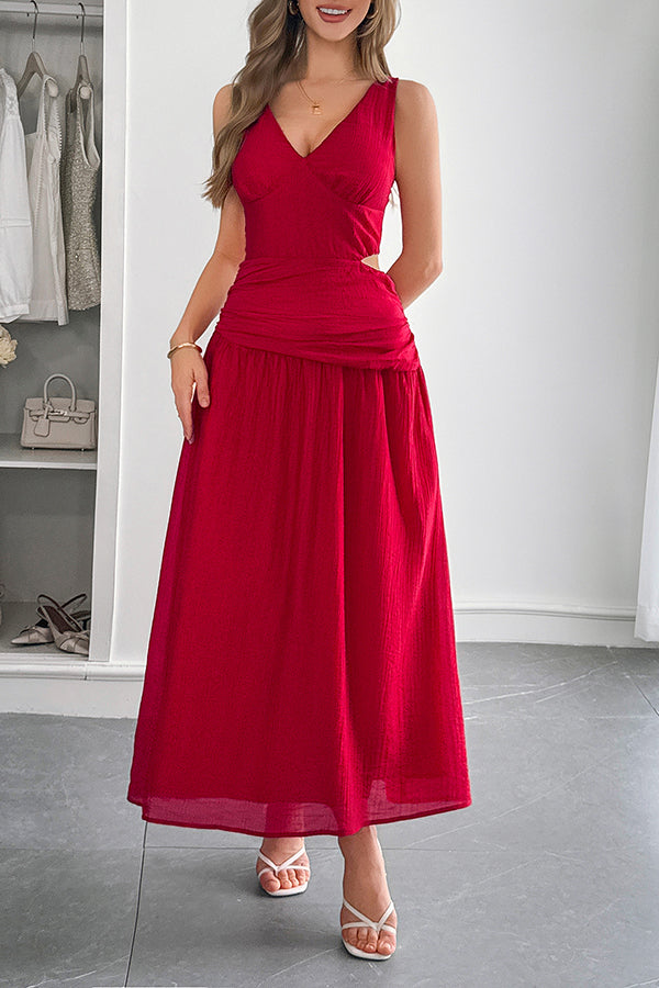 Ärmelloses Damen-Maxikleid mit V-Ausschnitt und hohlem Taillendesign