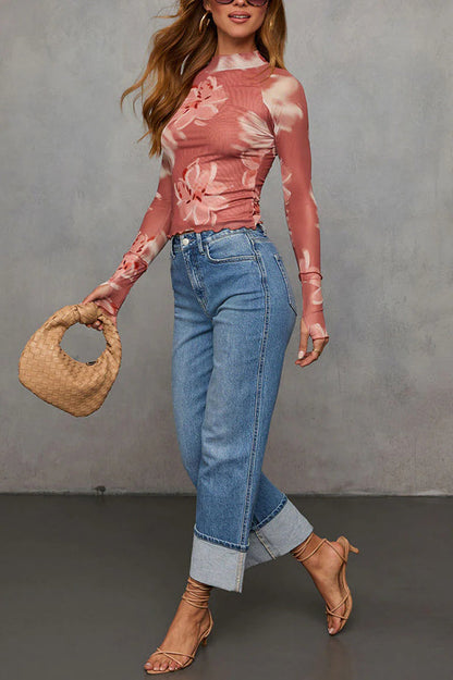 Floral bedrucktes Slim Fit Langarm Freizeitoberteil