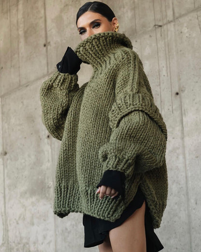Grober Strick Oversize Rollkragenpullover für Damen