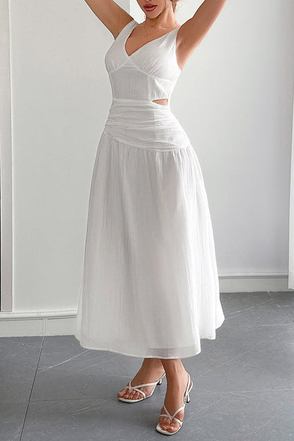 Ärmelloses Damen-Maxikleid mit V-Ausschnitt und hohlem Taillendesign