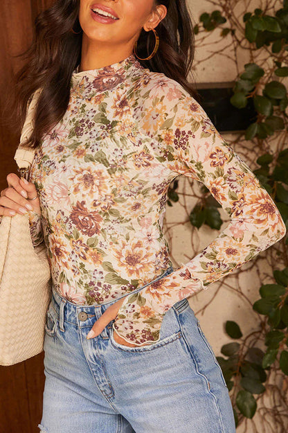 Floral bedrucktes Slim Fit Langarm Freizeitoberteil