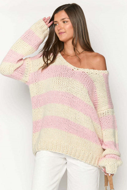 Gemütlicher Gestreifter Strickpullover mit Schulterfreiem Design Schicker Herbstpullover