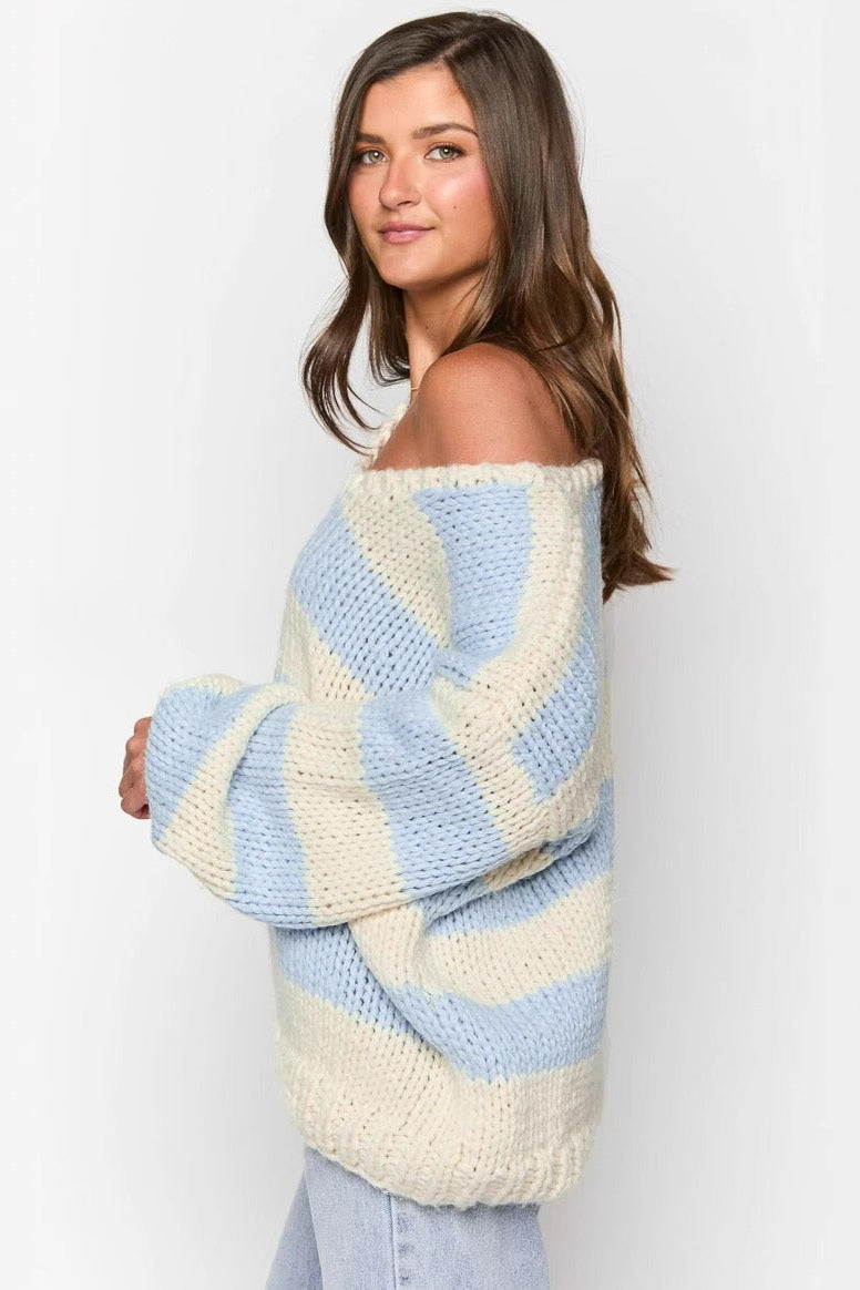 Gemütlicher Gestreifter Strickpullover mit Schulterfreiem Design Schicker Herbstpullover