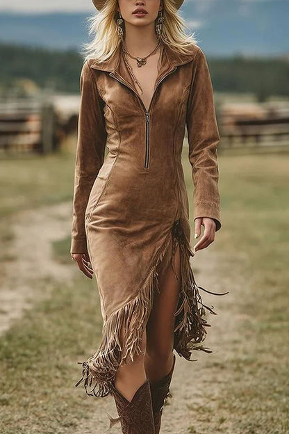Wildleder-Midikleid in schmaler Passform mit Quasten-Saum