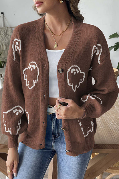 Gemütlicher Halloween-Geisterstrickpullover mit Knöpfen