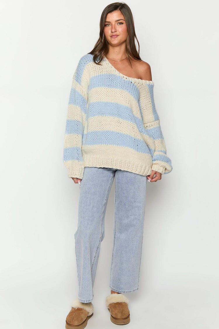 Gemütlicher Gestreifter Strickpullover mit Schulterfreiem Design Schicker Herbstpullover