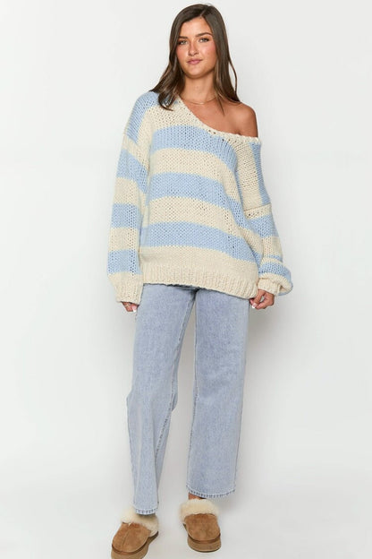 Gemütlicher Gestreifter Strickpullover mit Schulterfreiem Design Schicker Herbstpullover