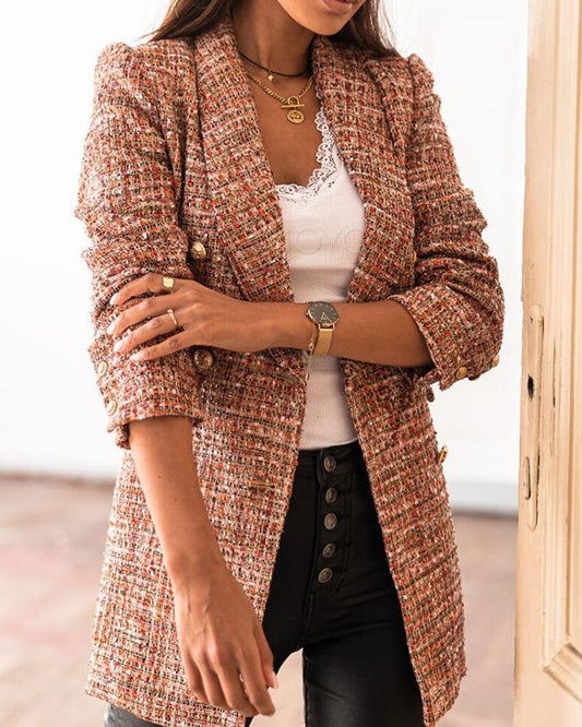 Eleganter langer kariert Tweed-Blazer für schicke Lagen-Looks