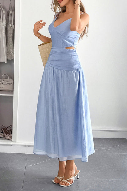 Ärmelloses Damen-Maxikleid mit V-Ausschnitt und hohlem Taillendesign