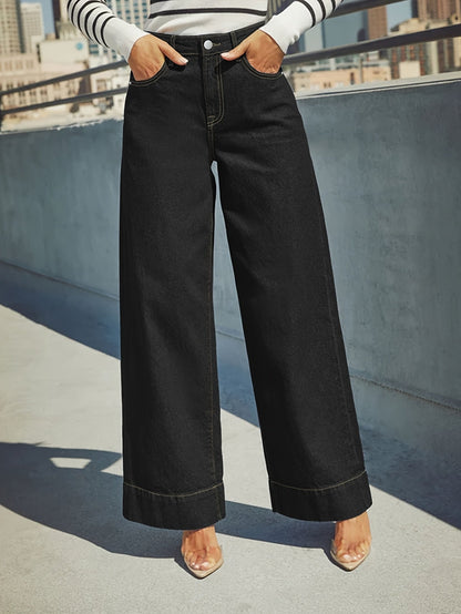 Jeans mit hoher Taille, weitem Bein und dehnbarem Denim-Stoff mit Umschlag am Saum