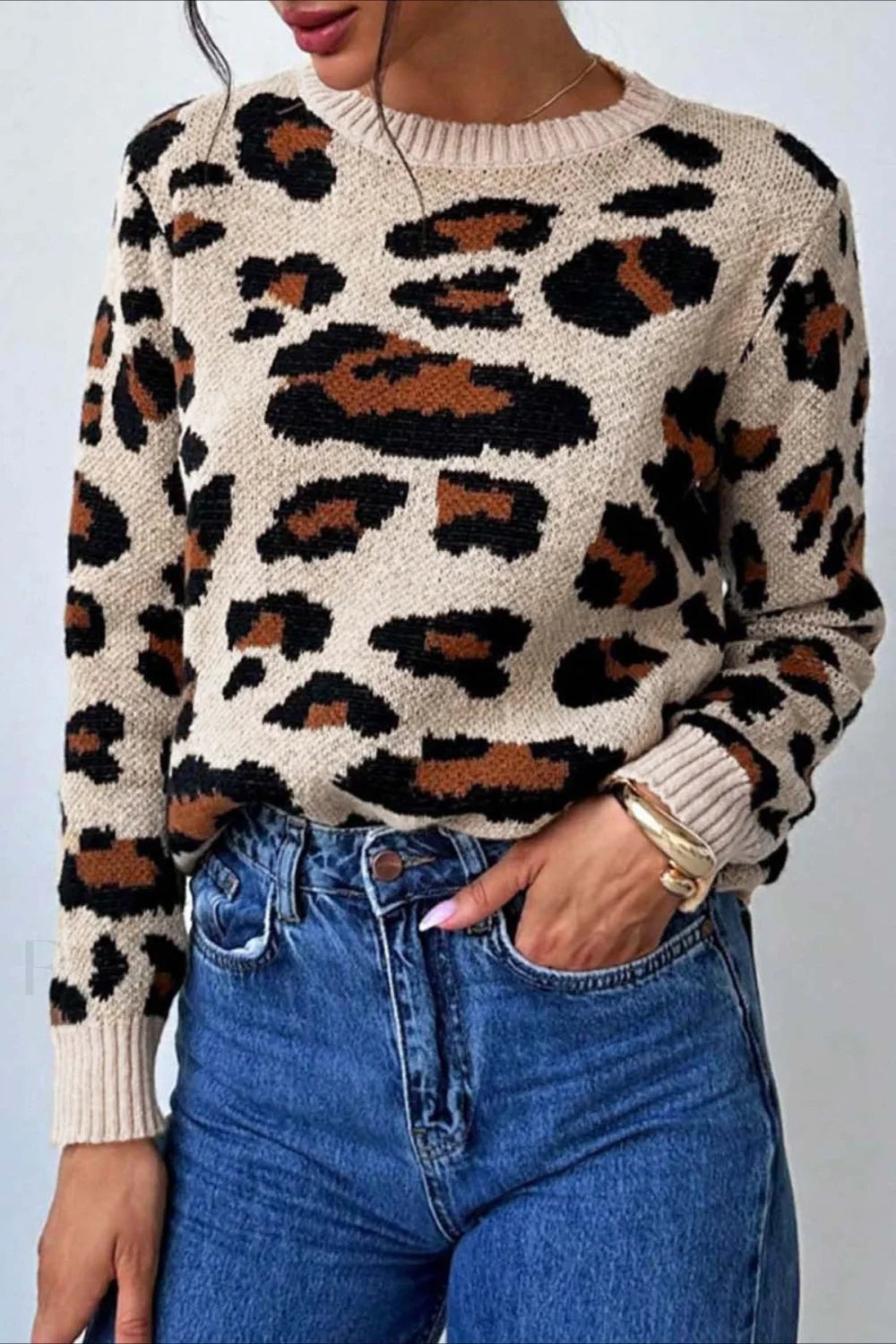 Schicker Pullover mit Rundhalsausschnitt und Leopardenmuster in Blockfarben