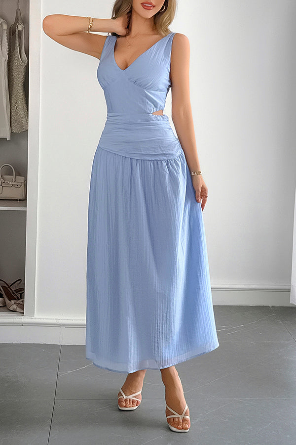 Ärmelloses Damen-Maxikleid mit V-Ausschnitt und hohlem Taillendesign