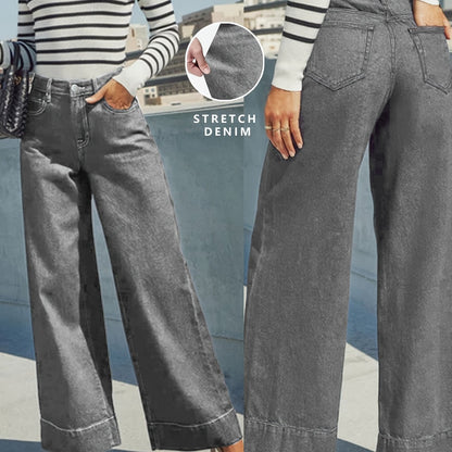 Jeans mit hoher Taille, weitem Bein und dehnbarem Denim-Stoff mit Umschlag am Saum