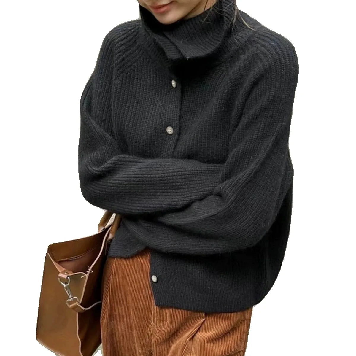 Gemütlicher Strick-Pullover mit Rollkragen und Knöpfen