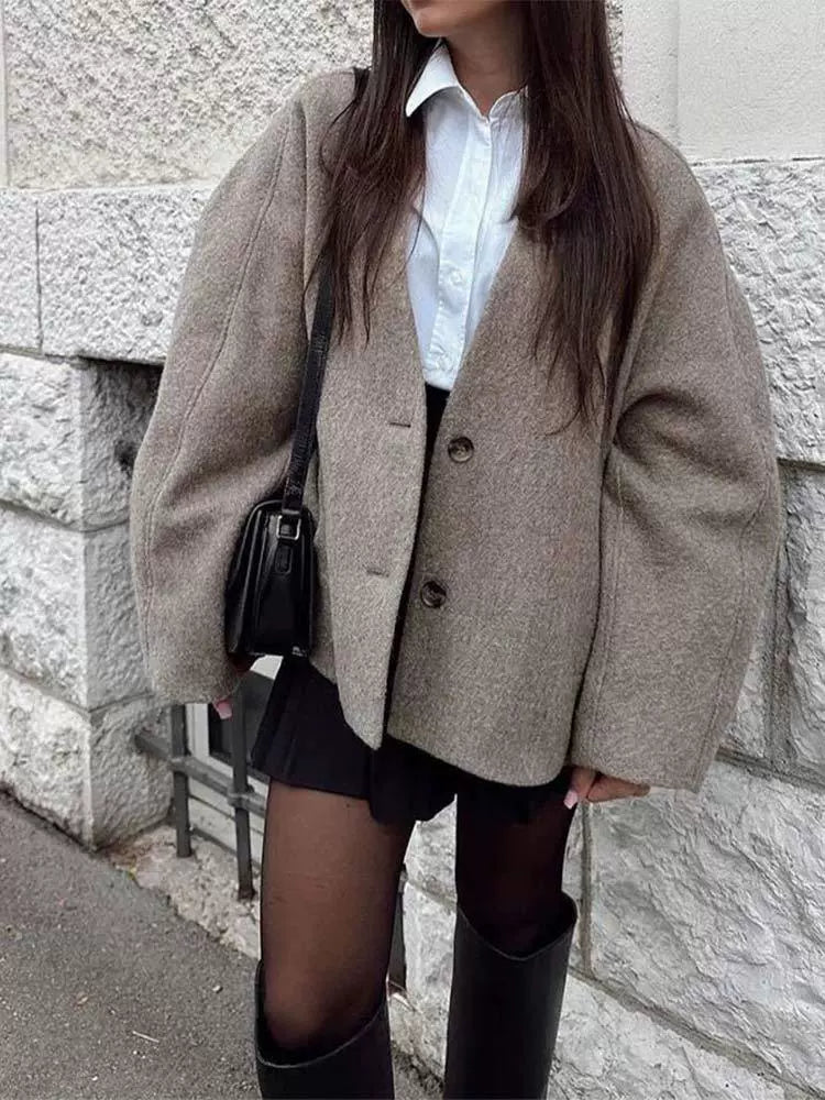 Oversized Wolloptik V-Ausschnitt Mantel für Damen