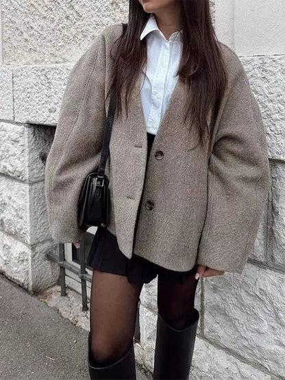 Oversized Wolloptik V-Ausschnitt Mantel für Damen