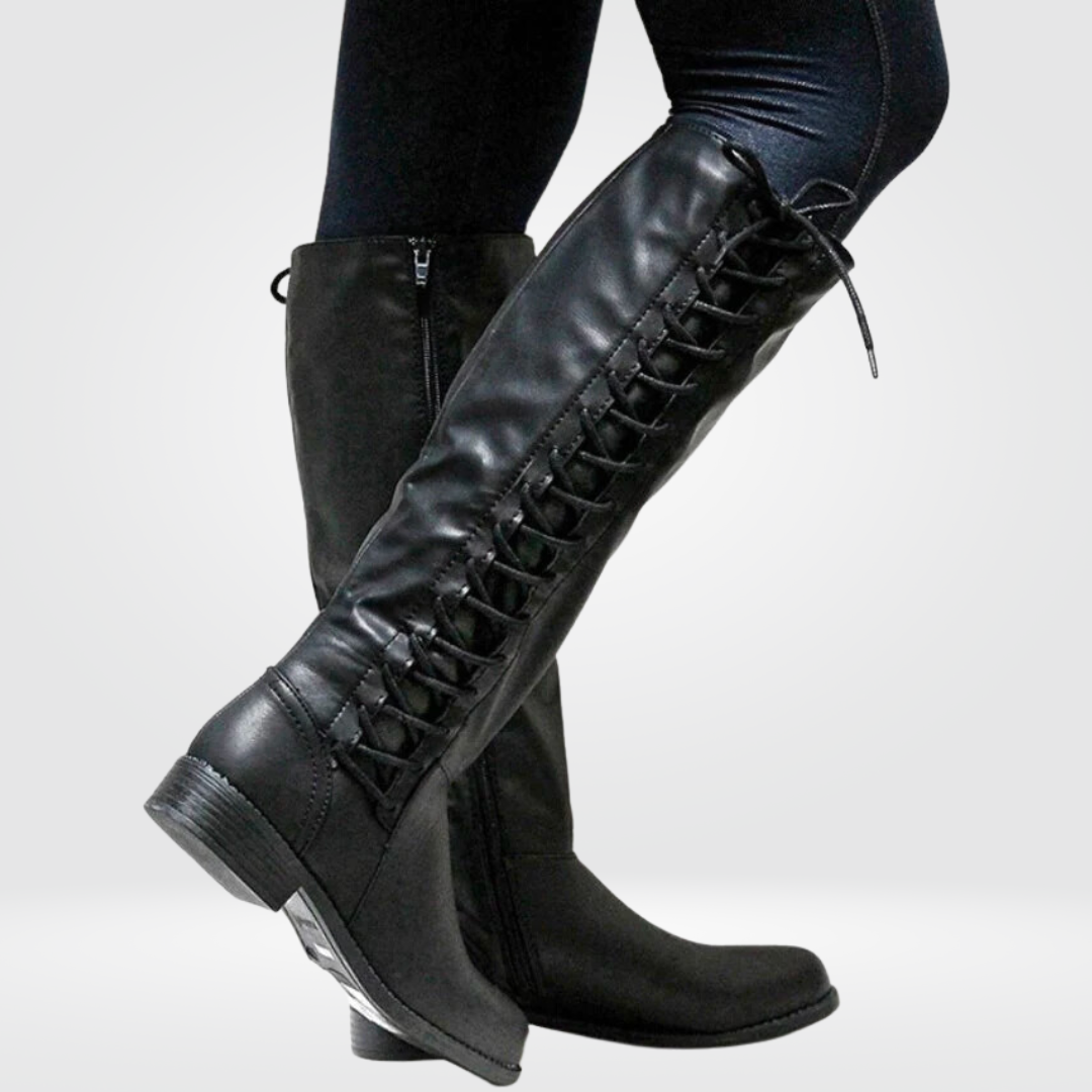 Damen-Stiefel mit Lederoptik, Blockabsatz, Reißverschluss und Schnürung