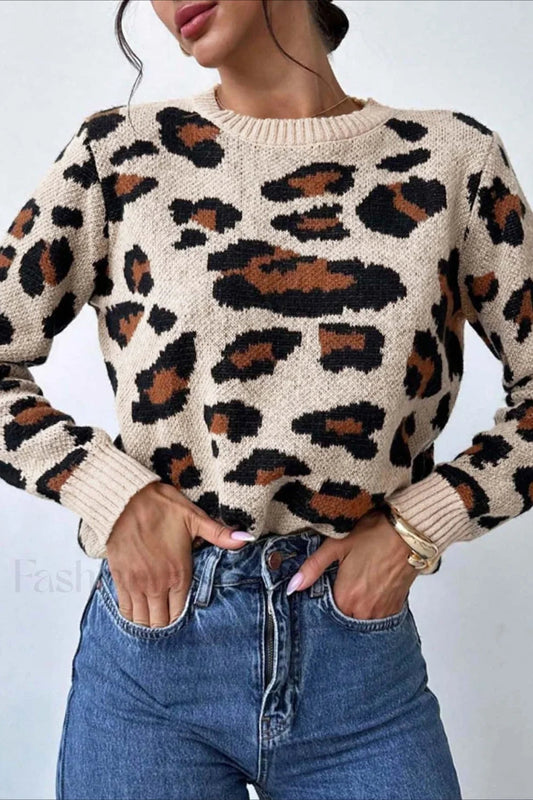 Schicker Pullover mit Rundhalsausschnitt und Leopardenmuster in Blockfarben