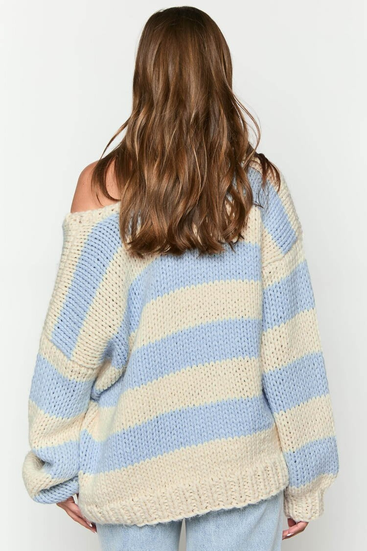 Gemütlicher Gestreifter Strickpullover mit Schulterfreiem Design Schicker Herbstpullover