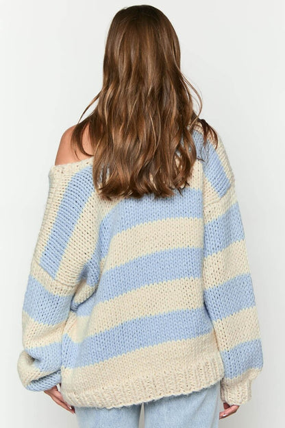 Gemütlicher Gestreifter Strickpullover mit Schulterfreiem Design Schicker Herbstpullover