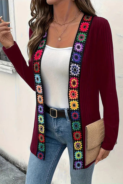 Boho Strickcardigan mit Blumenrand und langen Ärmeln
