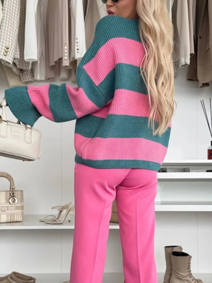 Gemütliche gestreifte gestrickte V-Ausschnitt Strickjacke
