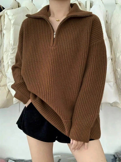 Gemütlicher dicker Strickpullover mit Reißverschlusskragen für herbstliche Schichten