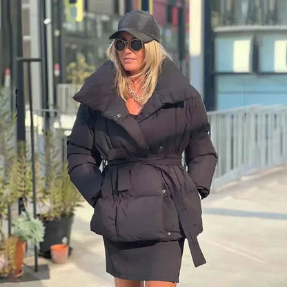 Damen Steppmantel mit Gürtel, weitem Kragen und kuscheligem Futter