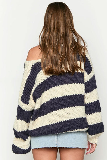 Gemütlicher Gestreifter Strickpullover mit Schulterfreiem Design Schicker Herbstpullover