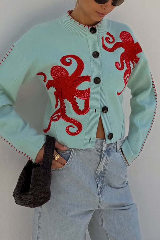 Gemütliche Küstenstrickjacke mit Oktopus-Motiv und Kontrastpaspelierung