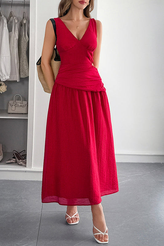 Ärmelloses Damen-Maxikleid mit V-Ausschnitt und hohlem Taillendesign