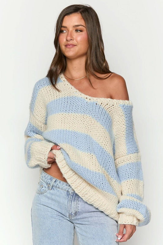 Gemütlicher Gestreifter Strickpullover mit Schulterfreiem Design Schicker Herbstpullover