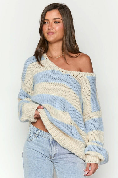 Gemütlicher Gestreifter Strickpullover mit Schulterfreiem Design Schicker Herbstpullover
