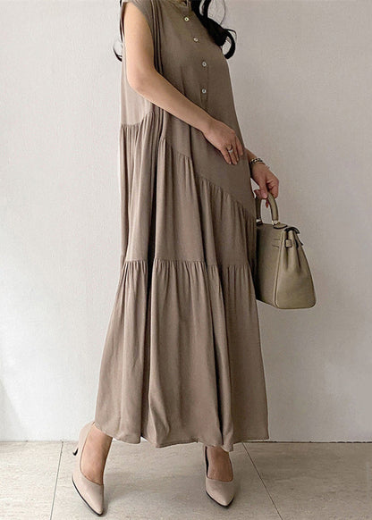 Damen Langkleid aus khakifarbenem Baumwollstoff mit Knopftasche