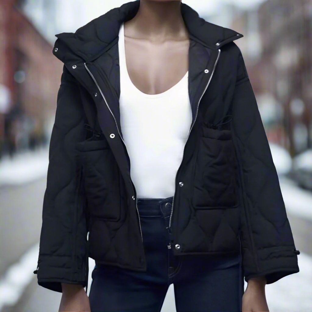 Damen Baumwolljacke hüftlang mit Stehkragen und Kordelzug